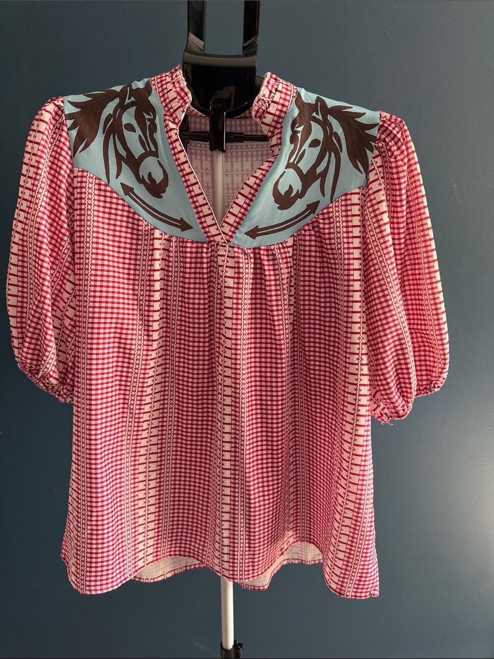 Red Gingham Puff-Sleeve Blouse with Horse-Print Yoke